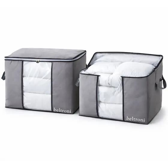 Conjunto 2 Cestos Organizador Edredom Travesseiros Multiuso Grande Resistente Dobrável Cama Mesa e Banho
