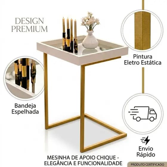 Mesa Lateral Espelhada Luxo para Sofá Design Moderno Decorativo Ideal para Sala e Quarto