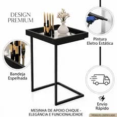 Mesa de Apoio Lateral Espelhada Luxo para Sofá Sala Quarto Design Moderno Elegante e Sofisticado