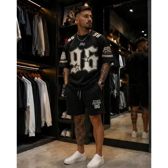 Conjunto Unissex Streetwear 96 King Brooklyn Camiseta + Bermuda Moda Urbana Casual Treino Academia