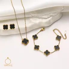 Kit Cleef Virginía Pulseira Colar + Brinco Trevo Banhada Ouro 18k Preto