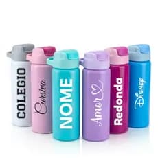 Garrafa Squeeze Personalizada NOME 600ml - Alumínio Canudo Alça BicoFlip Antivazamento Escola Criança Infantil