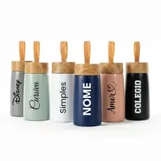 Garrafa Térmica Personalizada 250ml Inox Tampa Bambu Alça- Escola, Trabalho, Presente ,Feminino, Masculino, Empresa