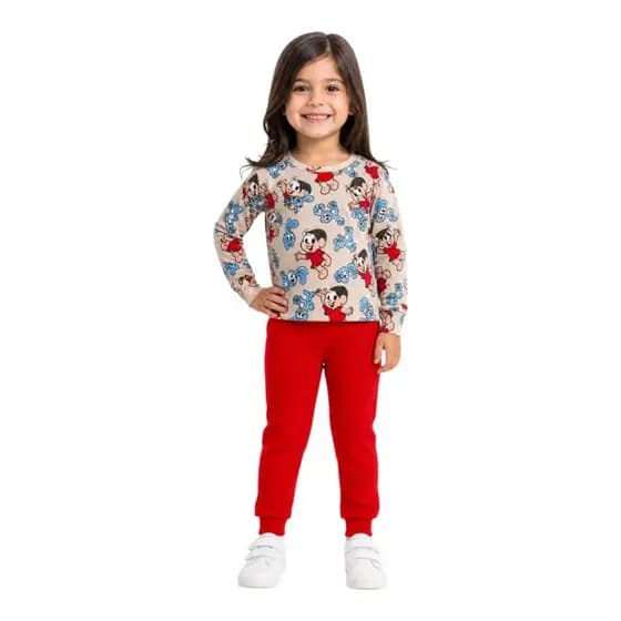 Conjunto canelado manga longa infantil de menina temático da Monica