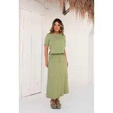 Conjunto Feminino Saia Longa Blusa Alfaiataria Tecido Viscolinho