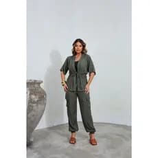 Conjunto Blusa Kimono E Calça Jogger Com Forro Em Rayon Twill Moda Evangélica Elegante Casual