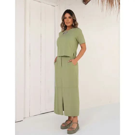 Conjunto Feminino Janaina Saia Longa Fenda Blusa Lisa Viscolinho Social Casual Chic