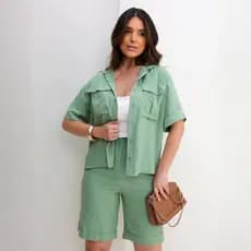 Conjunto Feminino Jade Blusa Botões e Bermuda Viscolinho Social Tendência Casual