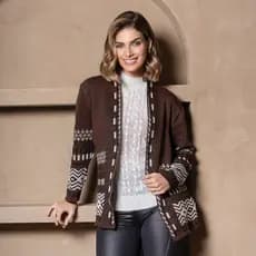 Blusa de frio Feminina  Cardigan Kinomo Tricot Quadriculado Casaco Manga Longa Elegante Trico Quentinho Inverno