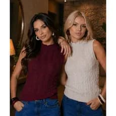 Kit 2 Blusa Crooped Top de Tricot Feminino que Vira  Colete de  Tricô Lançamento