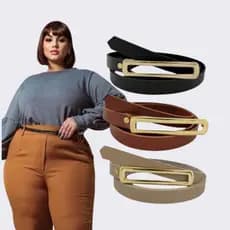 Cinto Fino com Fivela Retangular Dourada Plus Size 139cm
