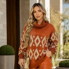 Blusa De Frio Feminina Manga Longa De Tricot E Lã Quentinha Estampa Geometrica Pro Frio Moderno Moda