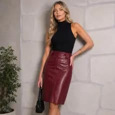 Saia Midi Feminina Couro Sintético Courino Moda Evangélica Couro Fake Inverno