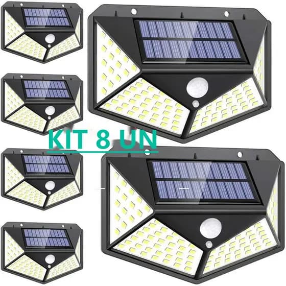 KIT 8 Peças Luminária Solar De Parede Refletor 100 Led Sensor Presença Movimento Prova D' Água Com 3 Funções Solar light
