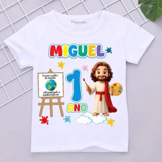 Camiseta infantil Golpel com nome e idade tema Jesus O maior pintor do mundo 100%algodão