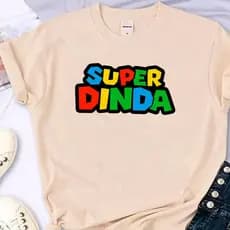 Camiseta Feminina T Shirt Algodão Casual Super Dinda Madrinha Tia Familia Frase Super Mario Bross Game Jogo Old