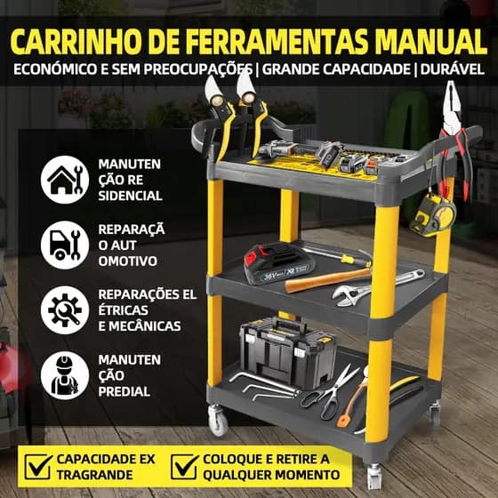 Carrinho de Ferramentas Multifuncional - 3 Prateleiras, Alto Desempenho para Reparos Residenciais e Profissionais