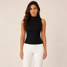 Regata Ribana Canelada Feminina Gola Alta Malha Premium Preta Lisa Não Transparente Básica Blusa Regata Casual