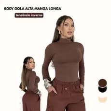BODY MANGA LONGA GOLA ALTA CACHARREL SEGUNDA PELE BÁSICO LISO BLUSA FEMININA