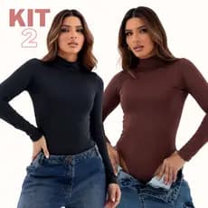KIT 2 BODY MANGA LONGA GOLA ALTA CACHARREL SEGUNDA PELE BÁSICO LISO BLUSA FEMININA