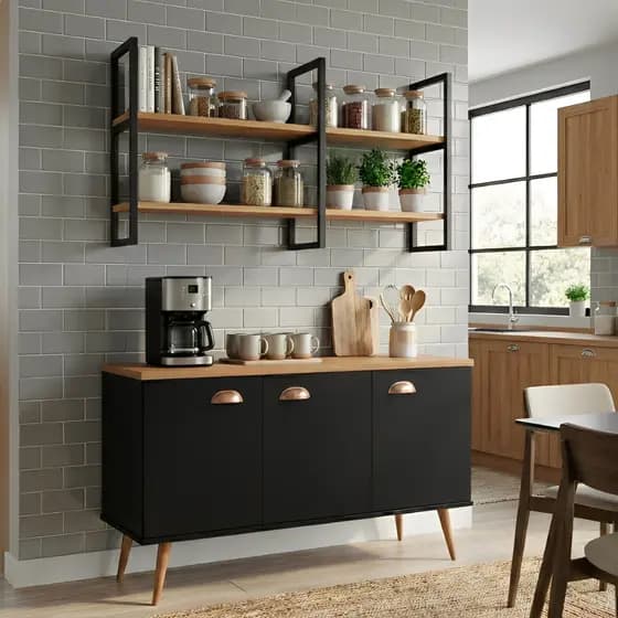 Conjunto Estante 120cm Fixada + Buffet 3 Portas Ideal para Cozinhas Modernas Hall Cantinho do Café
