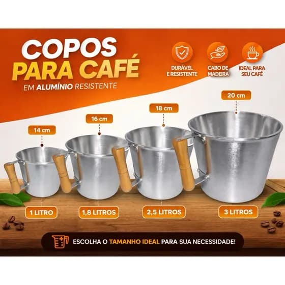 Canecão de Alumínio Batido Fundido com Cabo de Madeira 1L a 3L – 14 a 20 cm | Caneca para Fogão