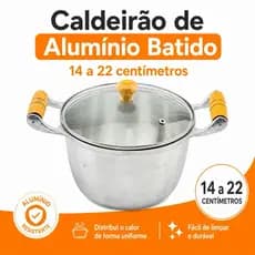 Caldeirão de Alumínio Batido com Tampa de Vidro 14 a 22 cm – Resistente com Alças de Madeira