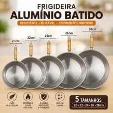 Frigideira Alumínio Batido 20 a 40 cm Cabo Madeira – Resistente, Cozimento Uniforme e Alta Durabilidade
