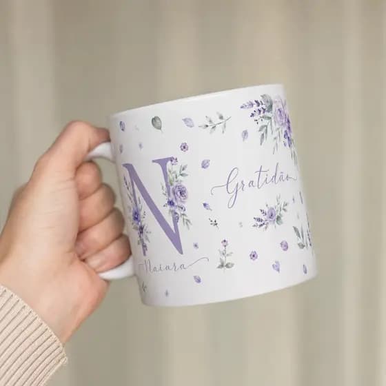 Caneca Personalizada com Nome em Flores 325ml Porcelana