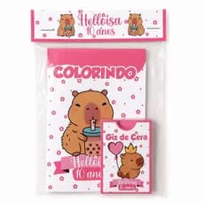 Kit Colorir Personalizado 10 Unidades Lembrancinha Infantil com Giz de Cera Tema Capivara Aniversário