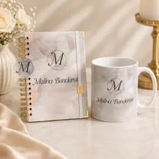 Kit Agenda Personalizada com Xícara/Caneca Personalizada Nome e Inicial Monograma Marmorizada Luxo Presente Feminino