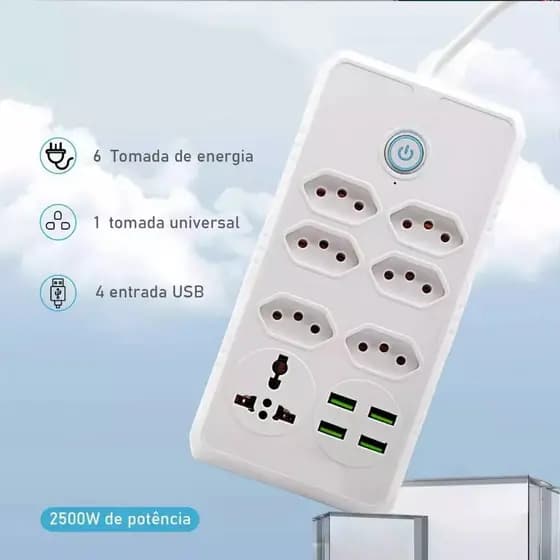 Régua Filtro de Linha com 7 Tomadas Extensão Elétrica 1 Universal 4 USB Bivolt 10A 110v/220v