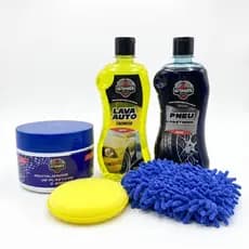 Kit Shampoo Lava Auto 500ml + Pneu Pretinho 500ml + Revitalizador de Plástico 200g + Luva Microfibra + Aplicador de Cera