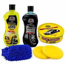 Kit Shampoo Lava Auto 500ml + Pneu Pretinho 500ml + Cera Polidora Cremosa 200g + Luva Microfibra + 2 Aplicador de Espuma