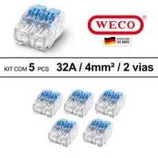 Kit 5 Conector Rápido 2 Vias 32A Fios 0,75mm 1,5mm 4mm Elétrico Emenda Alavanca Mola WECO 1692 221