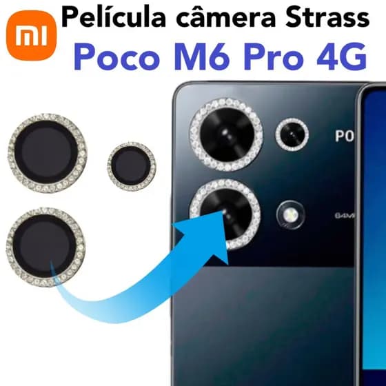 KIT 3 peças Película de câmera Diamante Para Xiaomi Poco M6 Pro 4G  completa Películas protege lentes com Strass Brilho