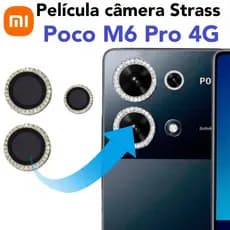 KIT 3 peças Película de câmera Diamante Para Xiaomi Poco M6 Pro 4G  completa Películas protege lentes com Strass Brilho