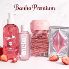 Kit Skincare Completo Limpeza Facial + Corpo Banho Premium Morango Água Micelar + Sabonete + Escova +Máscara Labial