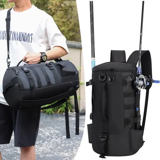 Mochila de Pesca Cilíndrica Grande Capacidade Bolsa Multifuncional para Vara e Equipamentos de Pesca