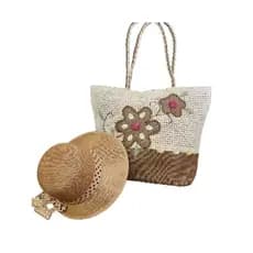 Kit Bolsa Feminina De Palha E Chapéu Praia