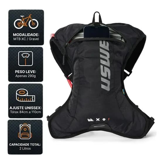 Mochila de Hidratação USWE XC 2 1,5L para Bike MTB Trilha Enduro Leve e Ajuste Firme