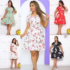 Vestido Crepinho Curto e Estampado Manga Curta Feminino Moda Verão