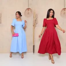 Vestido Feminino Mídi Duna Linho Manga Com Bojo Elegante Lastex Nas Contas Evangélica