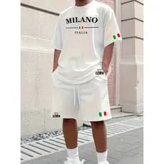 Conjunto Camiseta + Short Moletom Estampado Milano Itália Street Camiseta Malha Linha Premium + Short Mauricinho RT Elev
