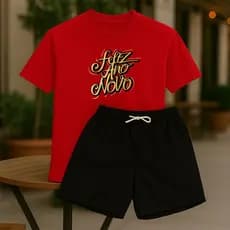 Camiseta Vermelha e Short Branco Moletom Premium 100% Algodão Natal