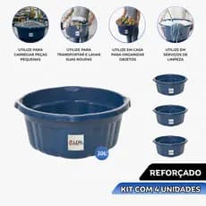 Kit com 2 ou 4 Bacias Plásticas Reforçadas 30 Litros Azul com Alças Profissional
