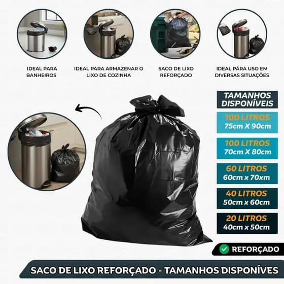 Sacos de Lixo Reforçados 20L 40L 60L 100L Diversos Tamanhos e Quantidades Alta Resistência