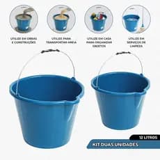 Kit 2 Baldes Plásticos Extra Reforçados 12L 5 Tipos de cores Azul Verde Amarelo Vermelho e Preto