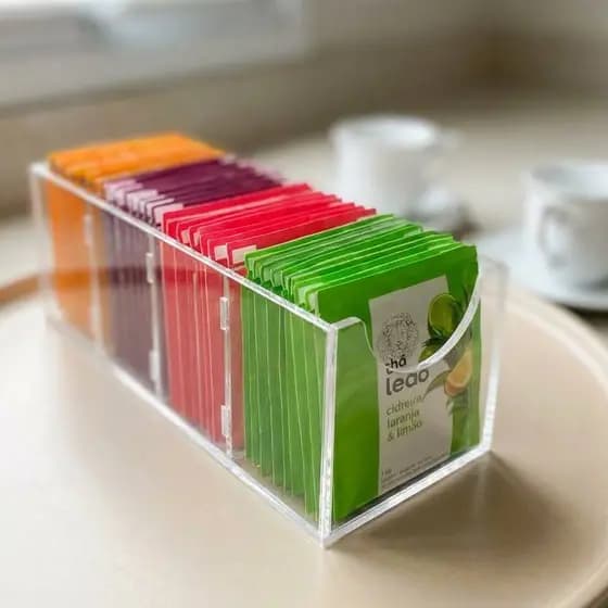 Porta Chá Organizador De Sachês Acrílico Cristal Com 4 Divisórias Organizador Elegante e Resistente