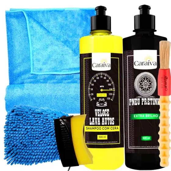 Kit Shampoo Com Cera Automotiva De Carnauba Neutro Concentrado + Pneu Pretinho Extra Brilho + Pano Toalha Secagem Luva